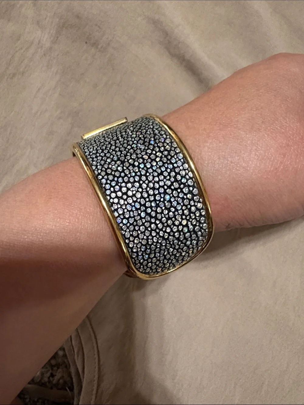 Rustic Cuff Gold-Tone  Cuff Bracelet - multicolor and Gold I” open.